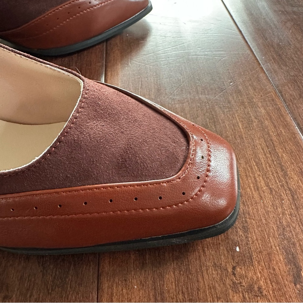Vintage Style Brown Suede & Leather Mary Jane Heels Square Toe Dark Academia - Picture 7 of 9